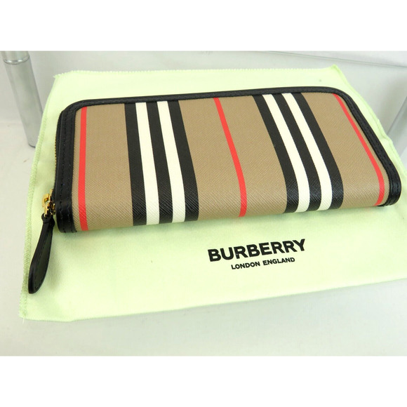 BURBERRY ELLERBY BLACK LEATHER ICON STRIPE CANVAS ZIP AROUND CONTINENTAL WALLET - Picture 9 of 14
